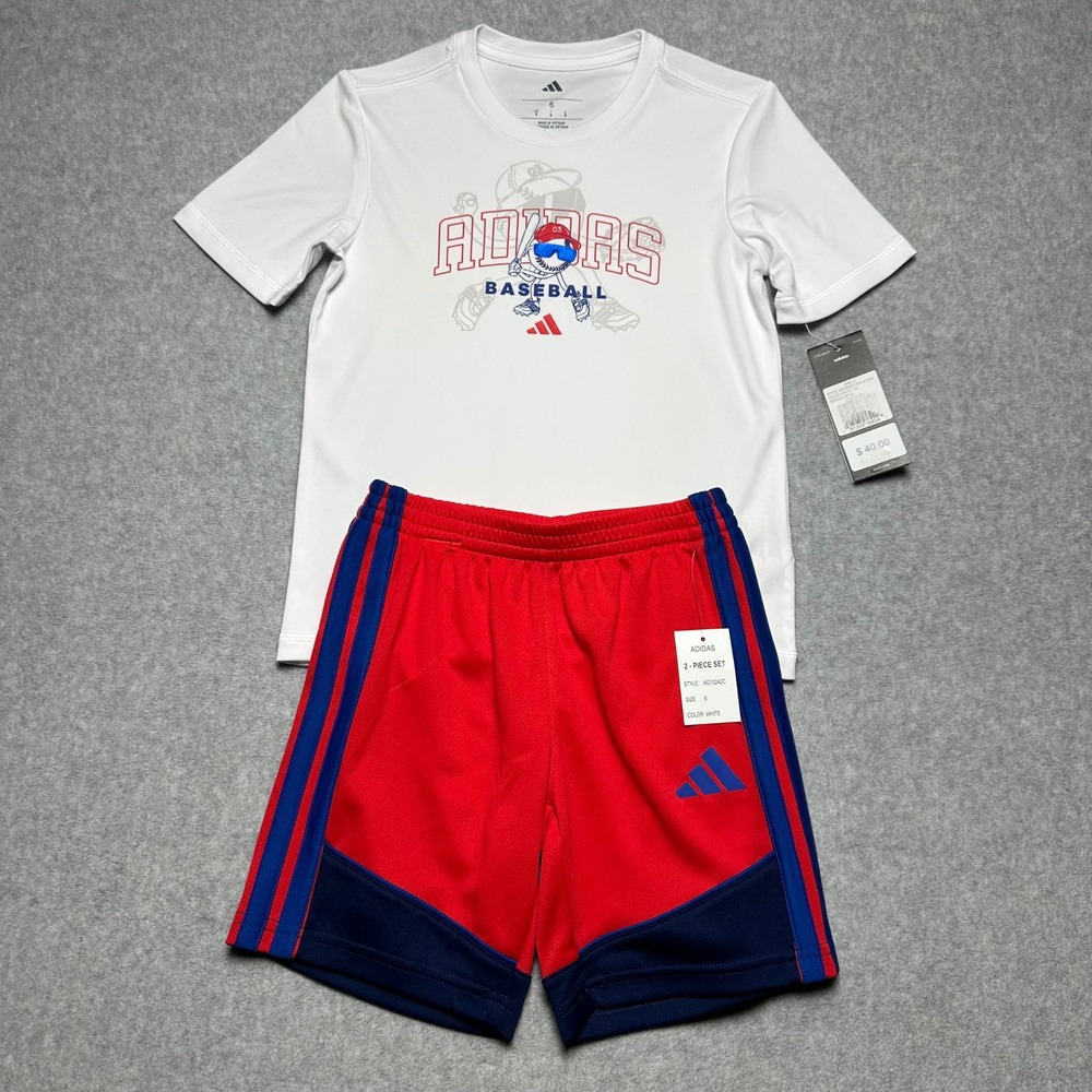 Adidas Boys 2 Piece Baseball Set White T-Shirt Red Shorts AG10242C Size 6 NWT